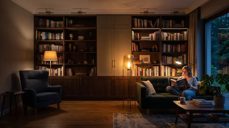 Zabudowa salonu na całą ścianę z biblioteczką