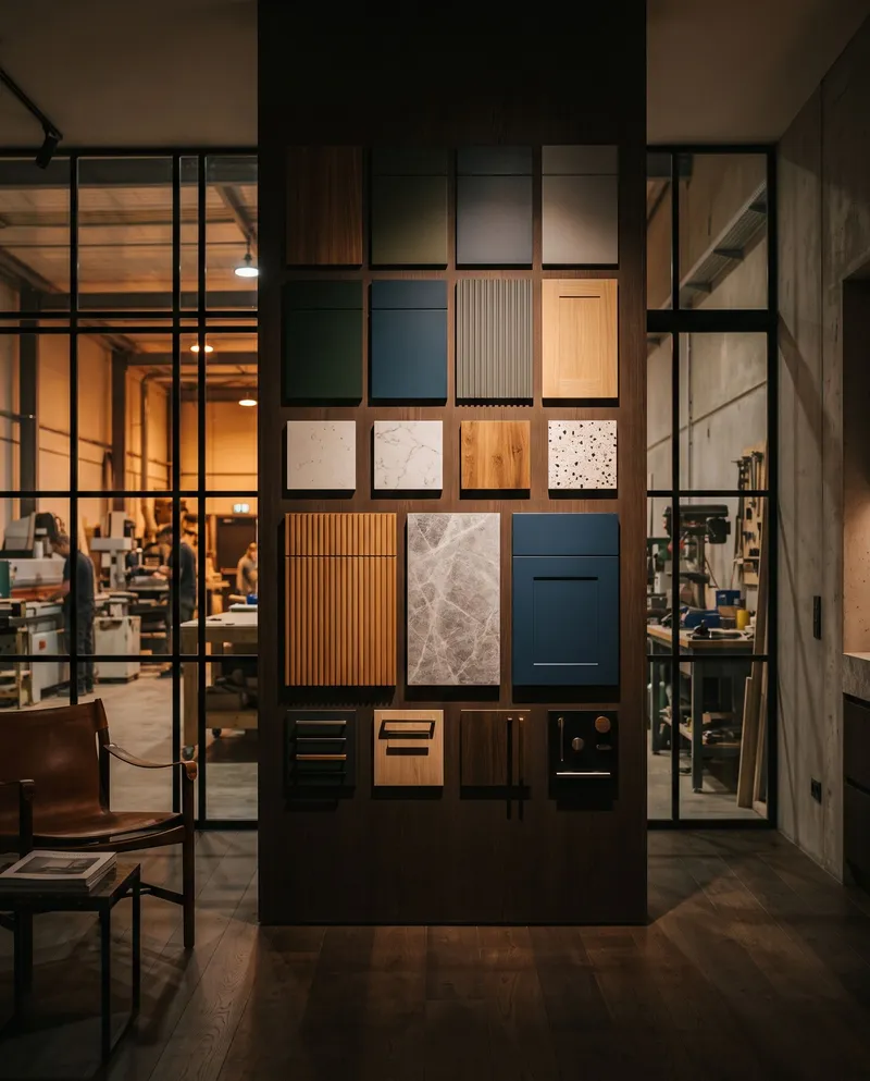 Showroom pracowni z próbkami frontów i blatów