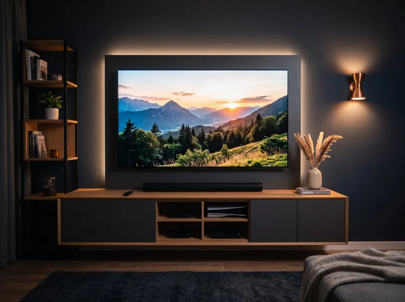Zabudowa RTV z telewizorem, bez widocznych kabli