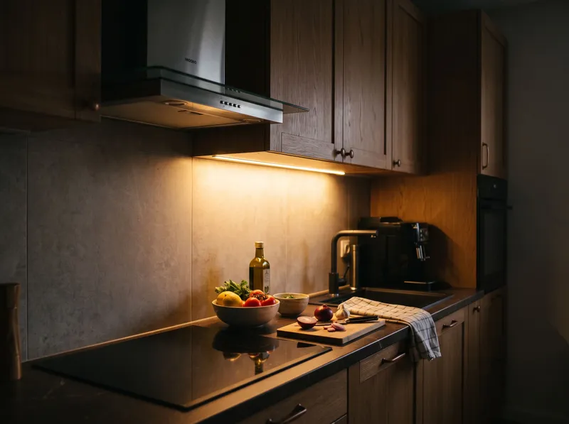 Oświetlenie LED nad blatem i okap nad płytą